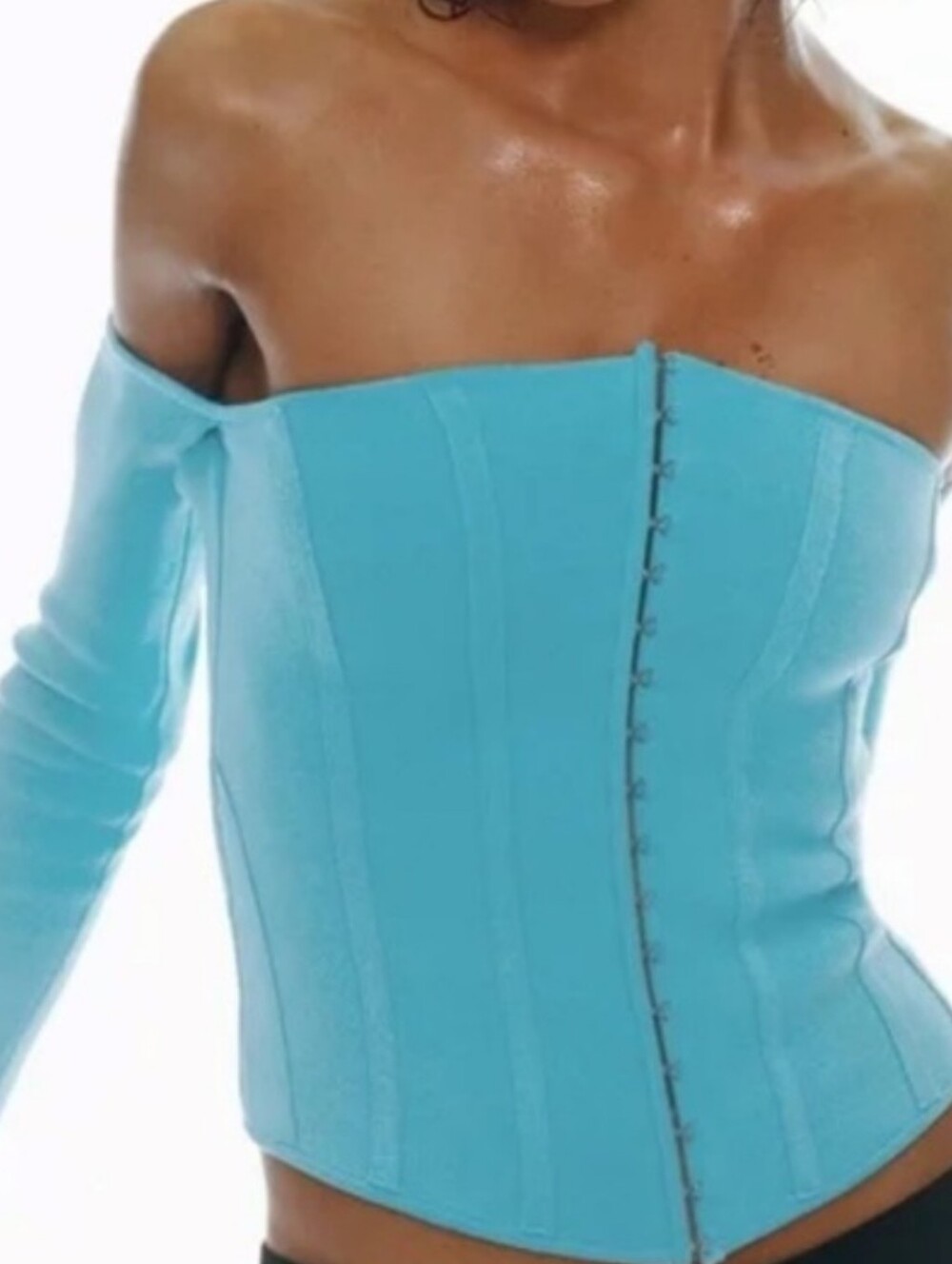 ZARA Blue Knit Bustier Corset Top Off Shoulder Long Sleeve NWT Medium